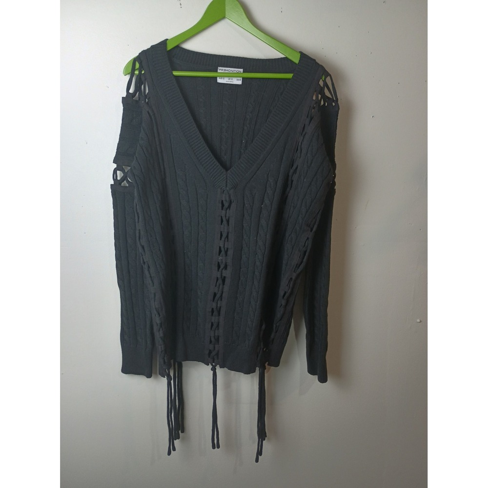Premonition Black Cable Knit Lace Up Cold Shoulder Tassel Sweater US 8
